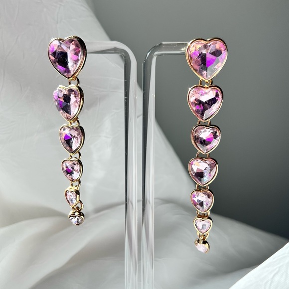 New Light Pink Heart Crystal Long Dangly Drop Earrings Alessandra Rich Style - Picture 7 of 9